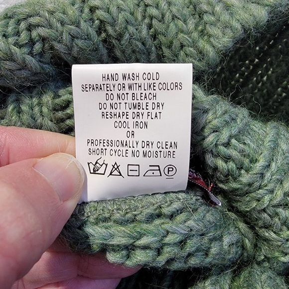 Betty Betty Wool Blend Fringe Poncho Turtleneck Sweater Green Chunky Knit L - Picture 9 of 13